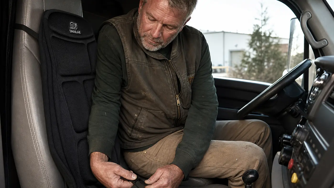 A man's hand buckling the lower strap of a heated massage seat cushion around a truck seat back before a morning drive