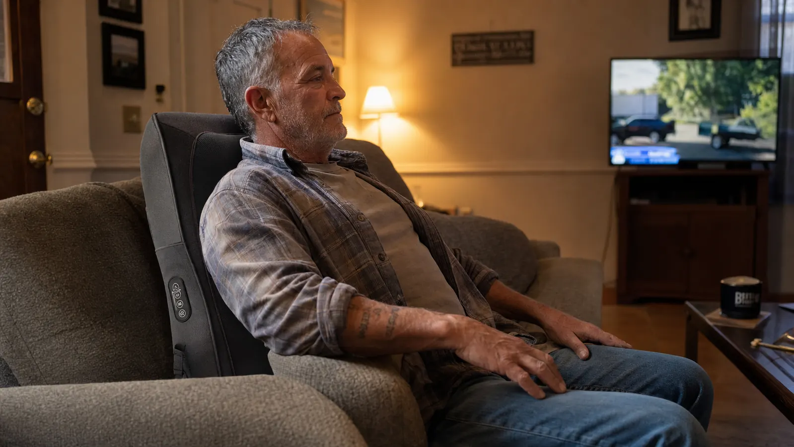 A man with his work boots off sitting on a couch in the evening with a heated massage cushion behind his lower back
