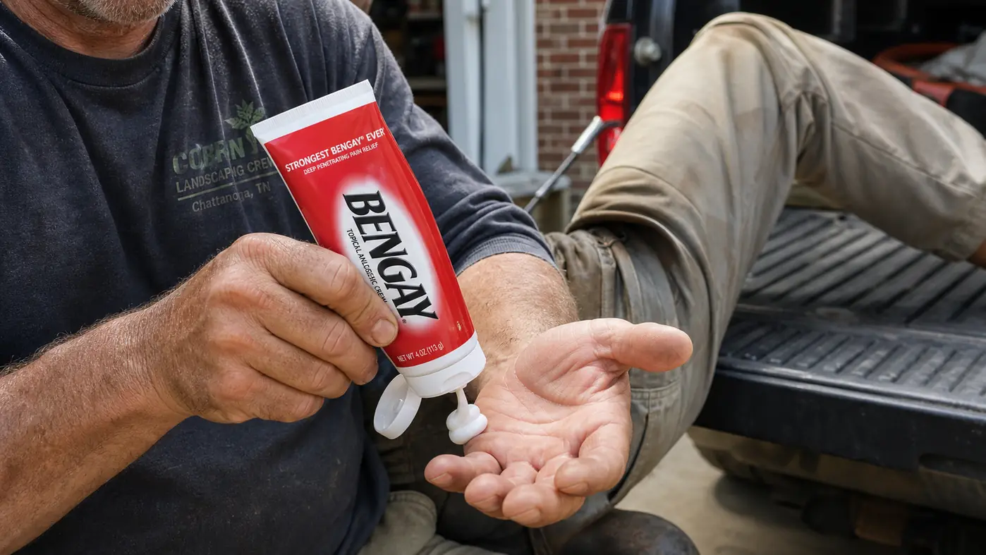 Close-up of a hand squeezing menthol muscle rub cream onto a palm before applying it to a sore calf