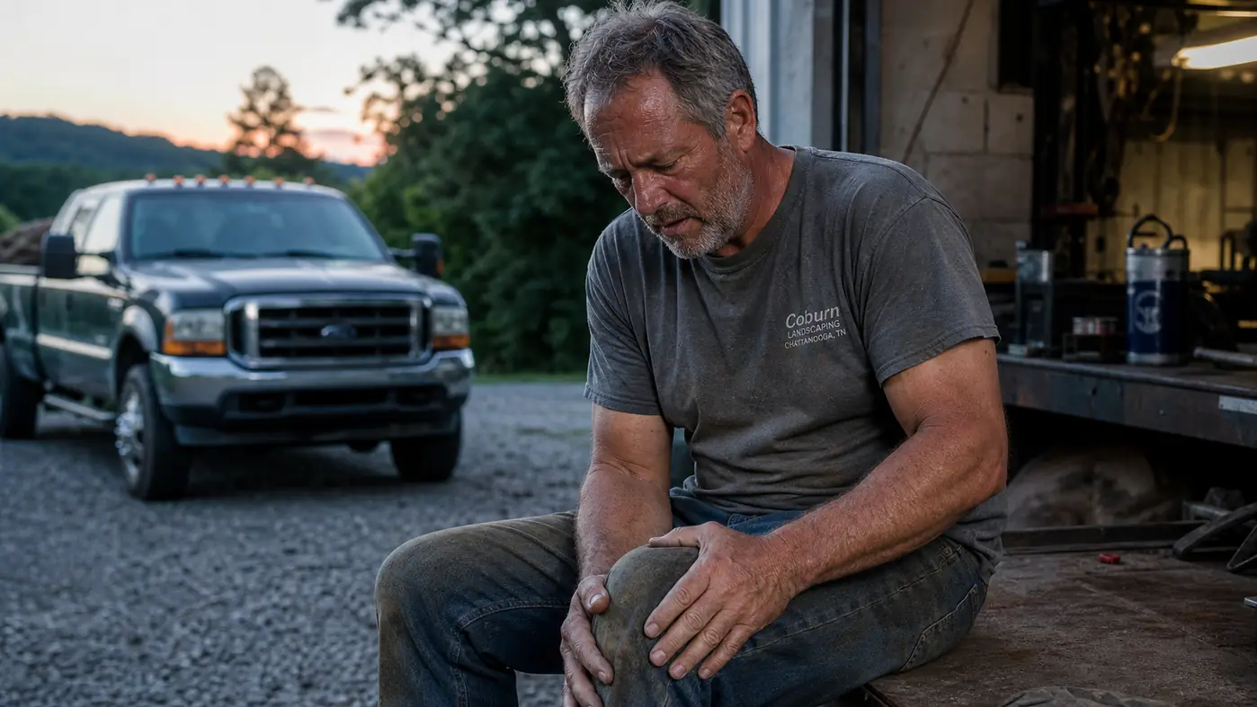 A man sitting on a truck tailgate in the evening, rubbing cream into his knee after a day of ladder work