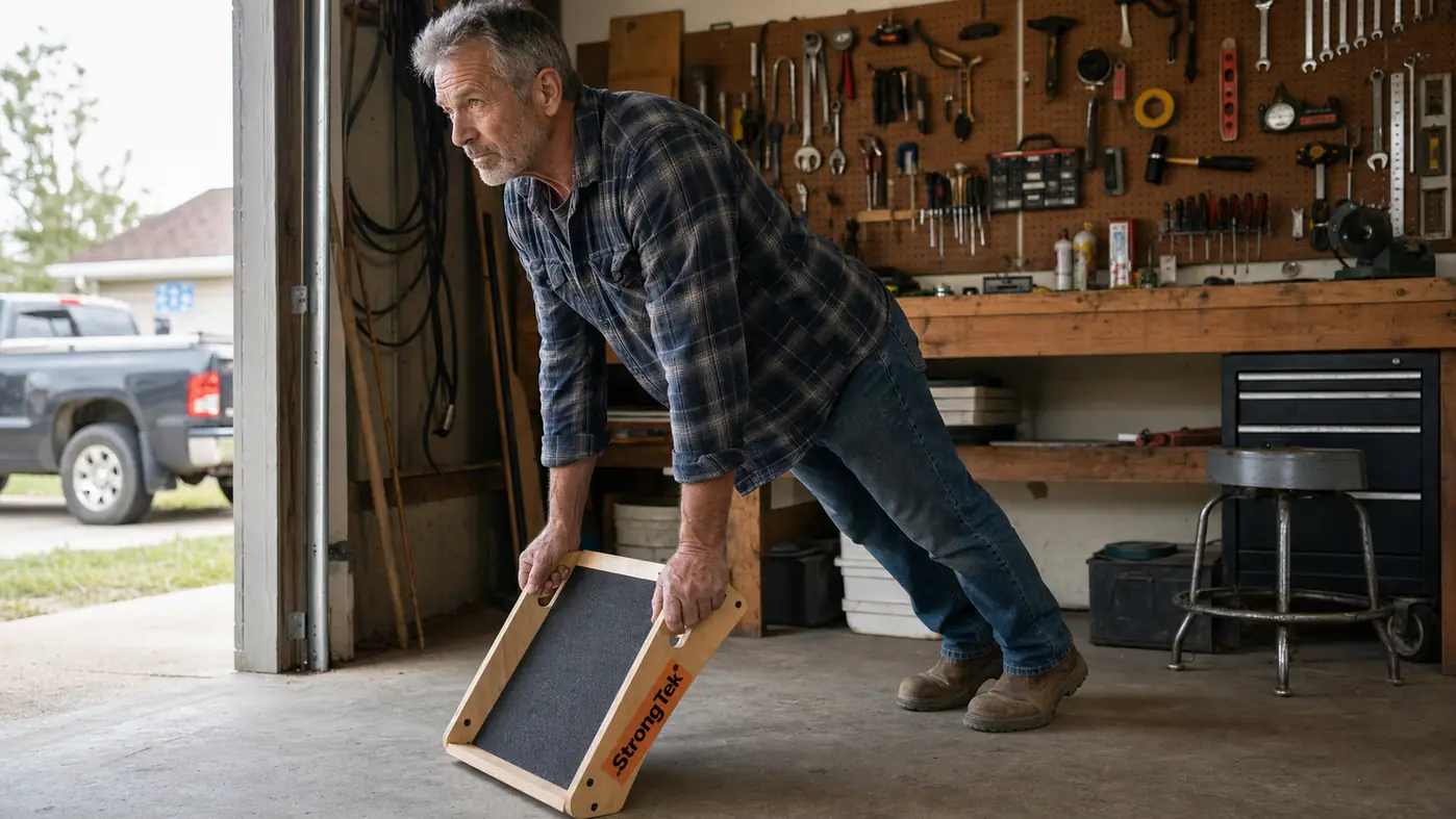 Man in work clothes standing on a wooden slant board gripping the side handles with his calf stretched