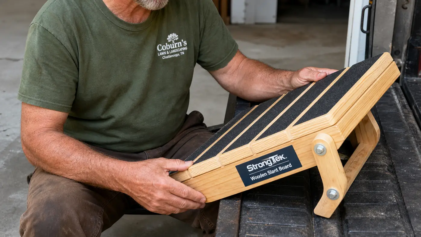 Close-up of a wooden slant board's angle notches and bolted side handle hardware