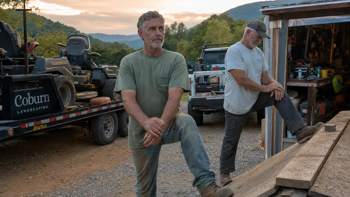 Two men in work boots standing on separate wooden slant boards in a driveway at dusk