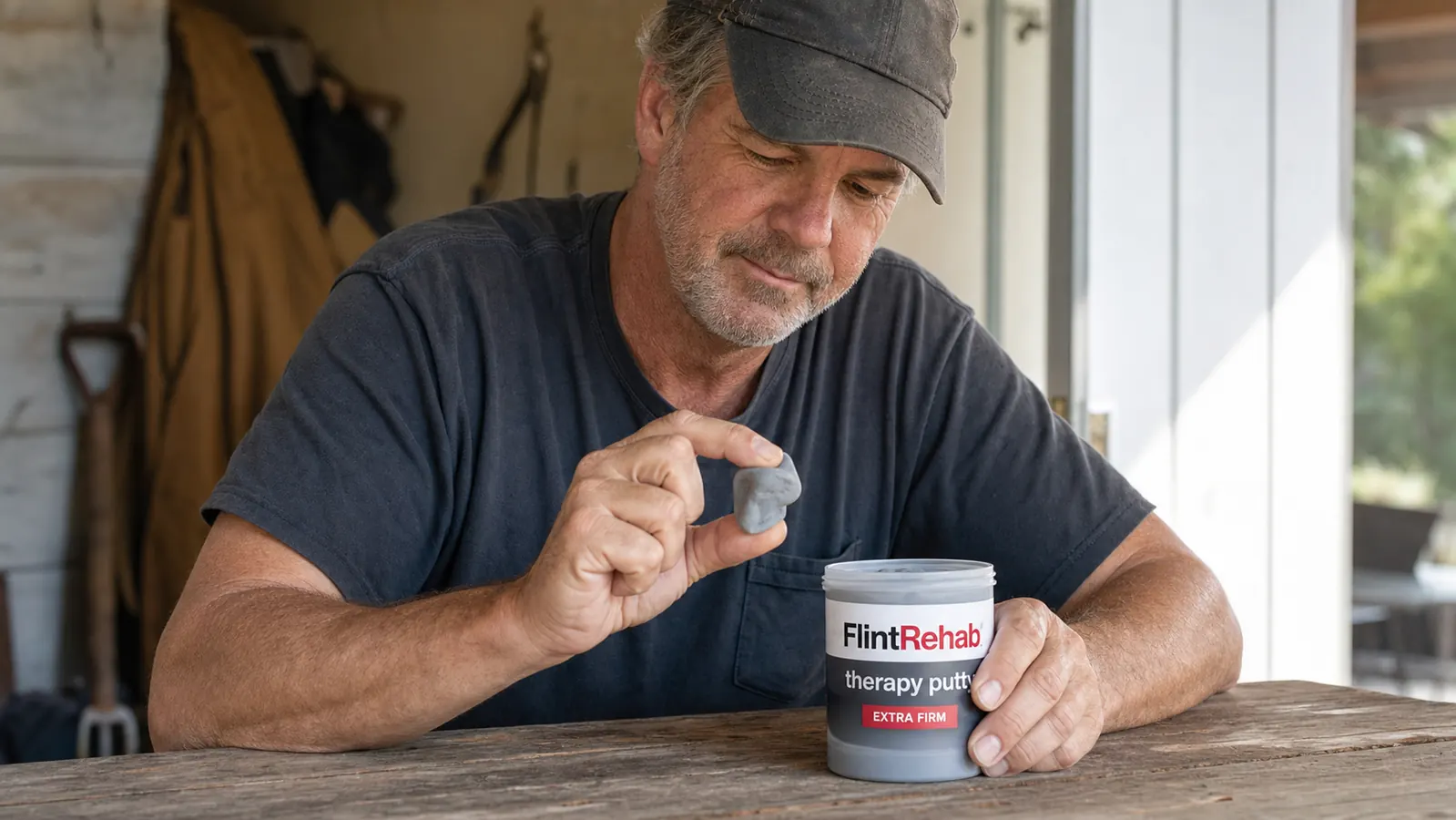 Hand pinching a small piece of therapy putty between thumb and fingers, isolating finger movement