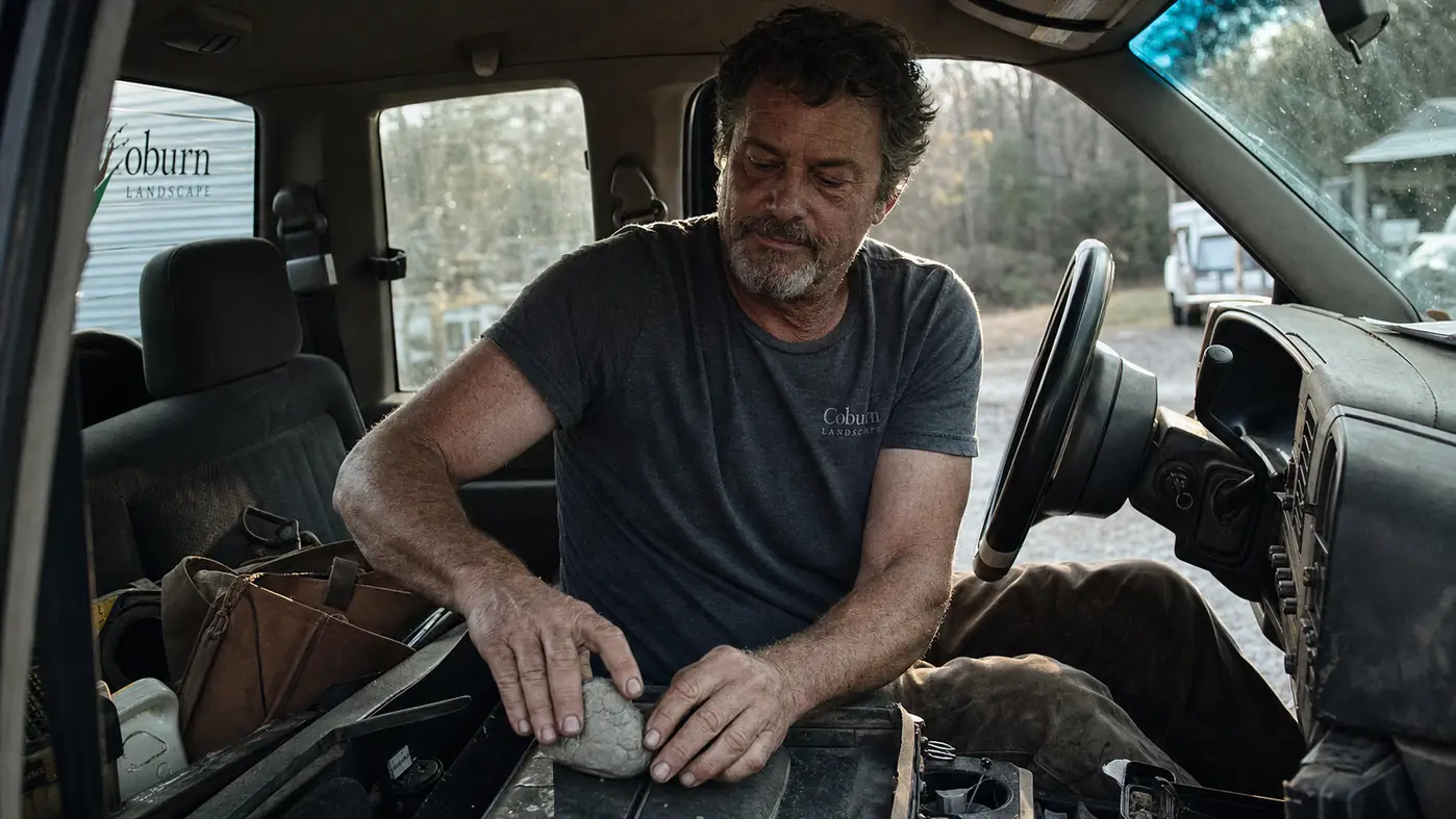 Man doing hand exercises in the driver's seat of a work truck with the console open