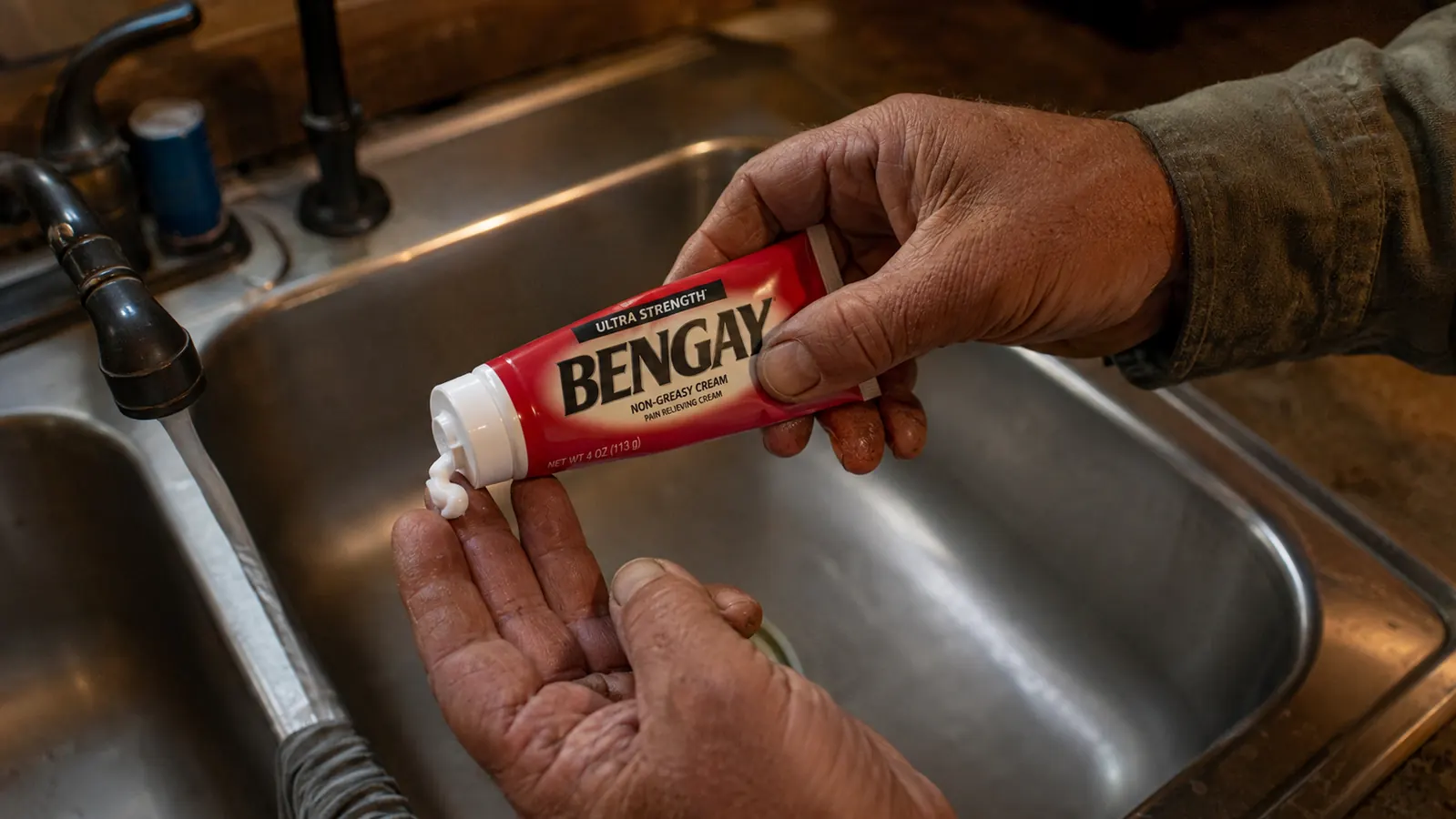 A hand squeezing white Bengay Ultra Strength cream onto fingertips over a kitchen sink