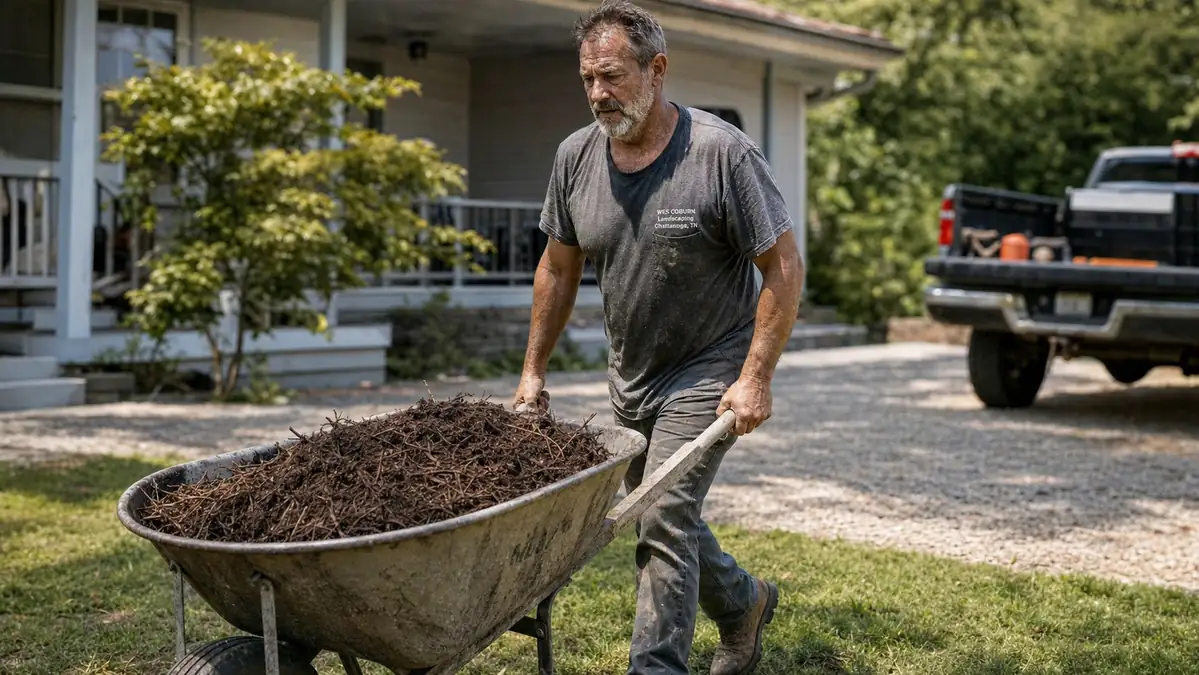 A landscaper hauling a wheelbarrow full of mulch across a sunny front yard in the middle of a workday