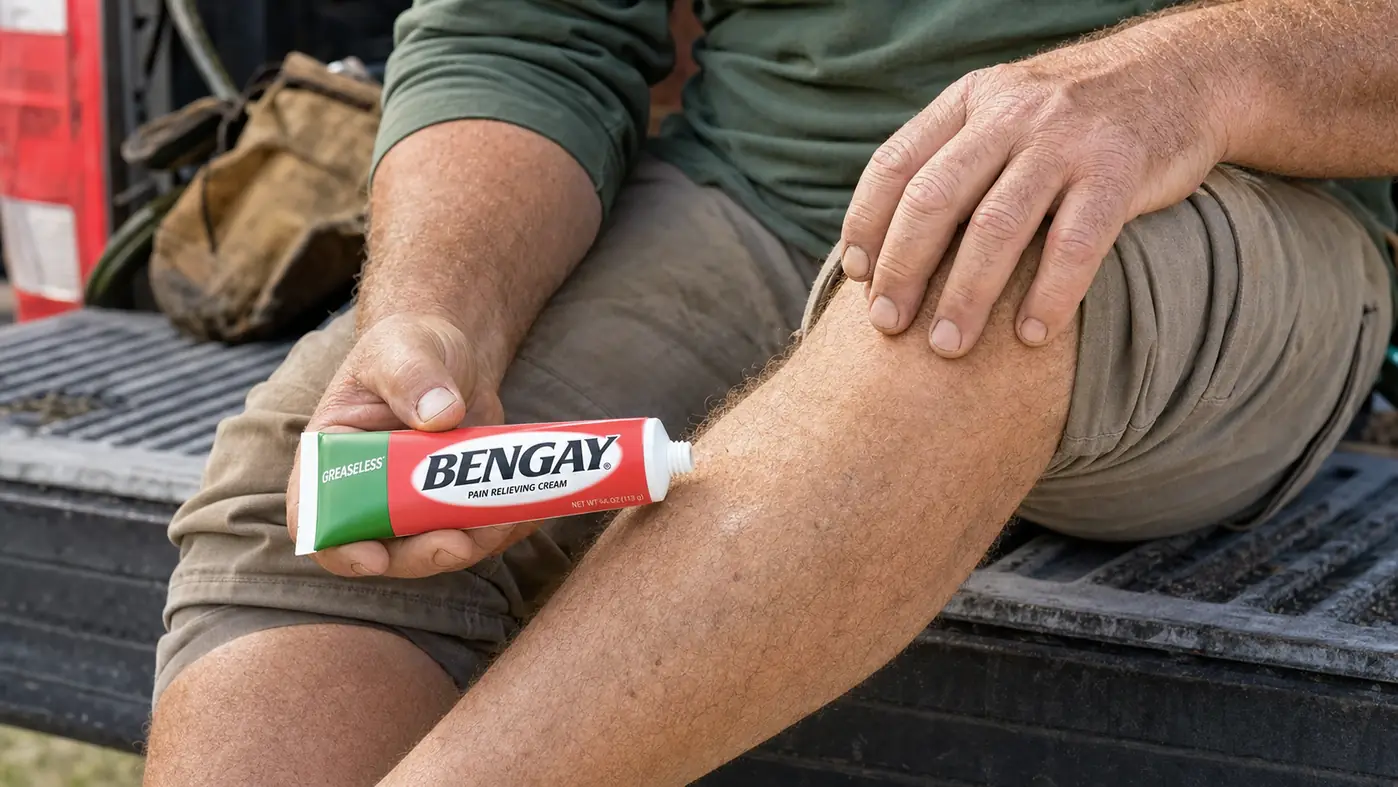 A hand squeezing white cream from a tube directly onto a bare knee before rubbing it in
