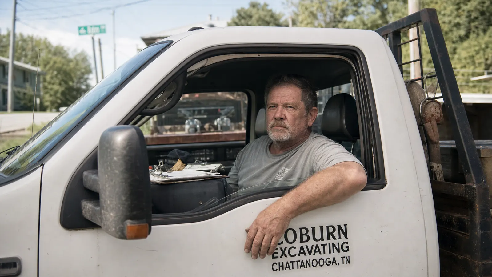 A man sitting in the driver's seat of a work truck with the window down, resting his forearm on the door