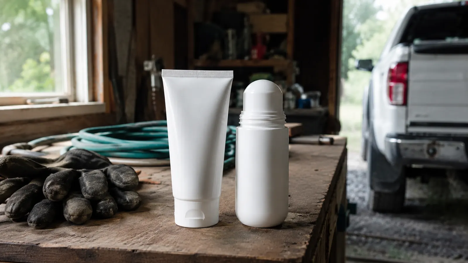 Two unlabeled muscle rub containers sitting side by side on a wooden workbench in a garage