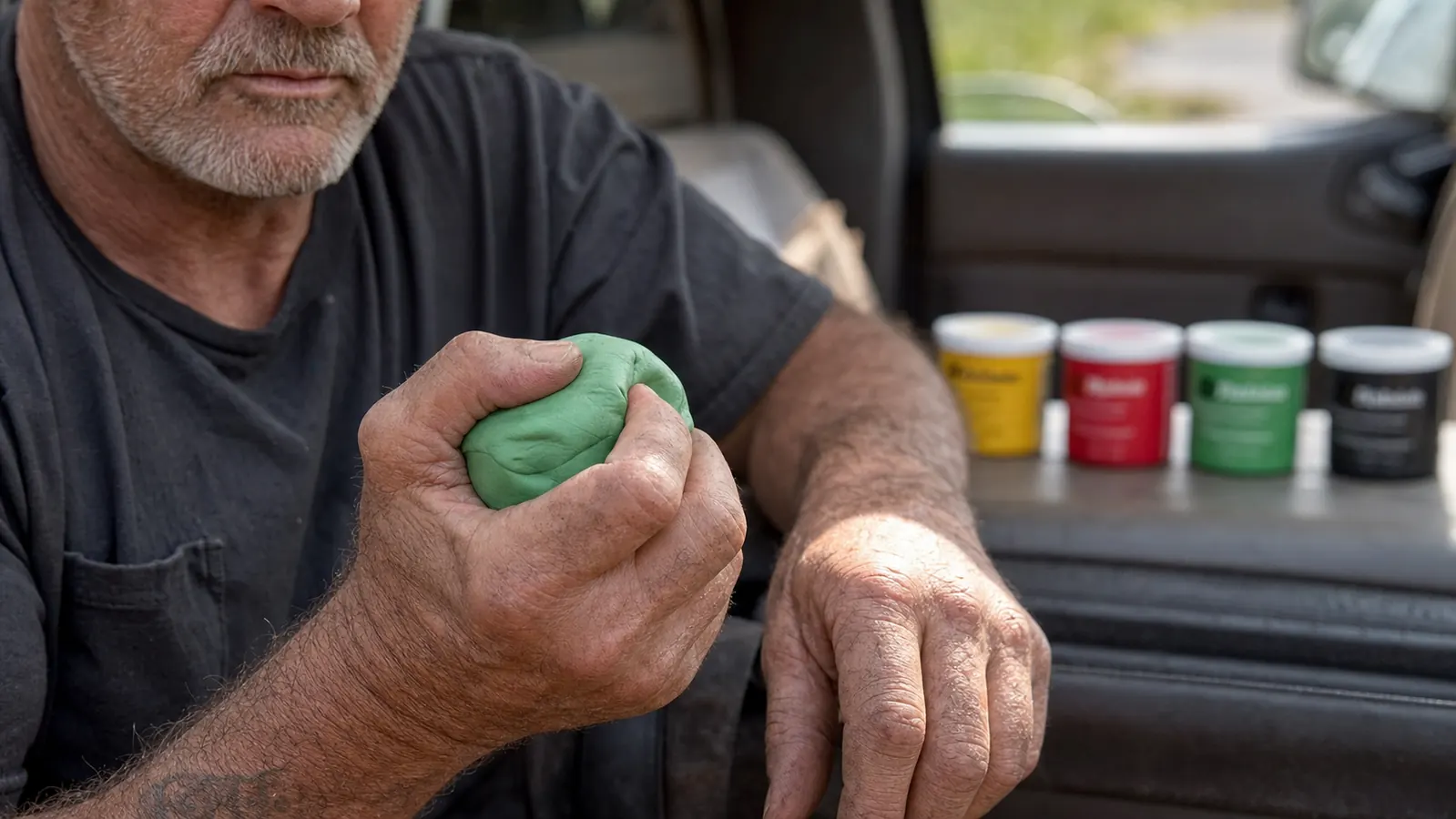 Close-up of a hand mid-squeeze on a ball of green therapy putty with a set of colored tubs blurred in the background