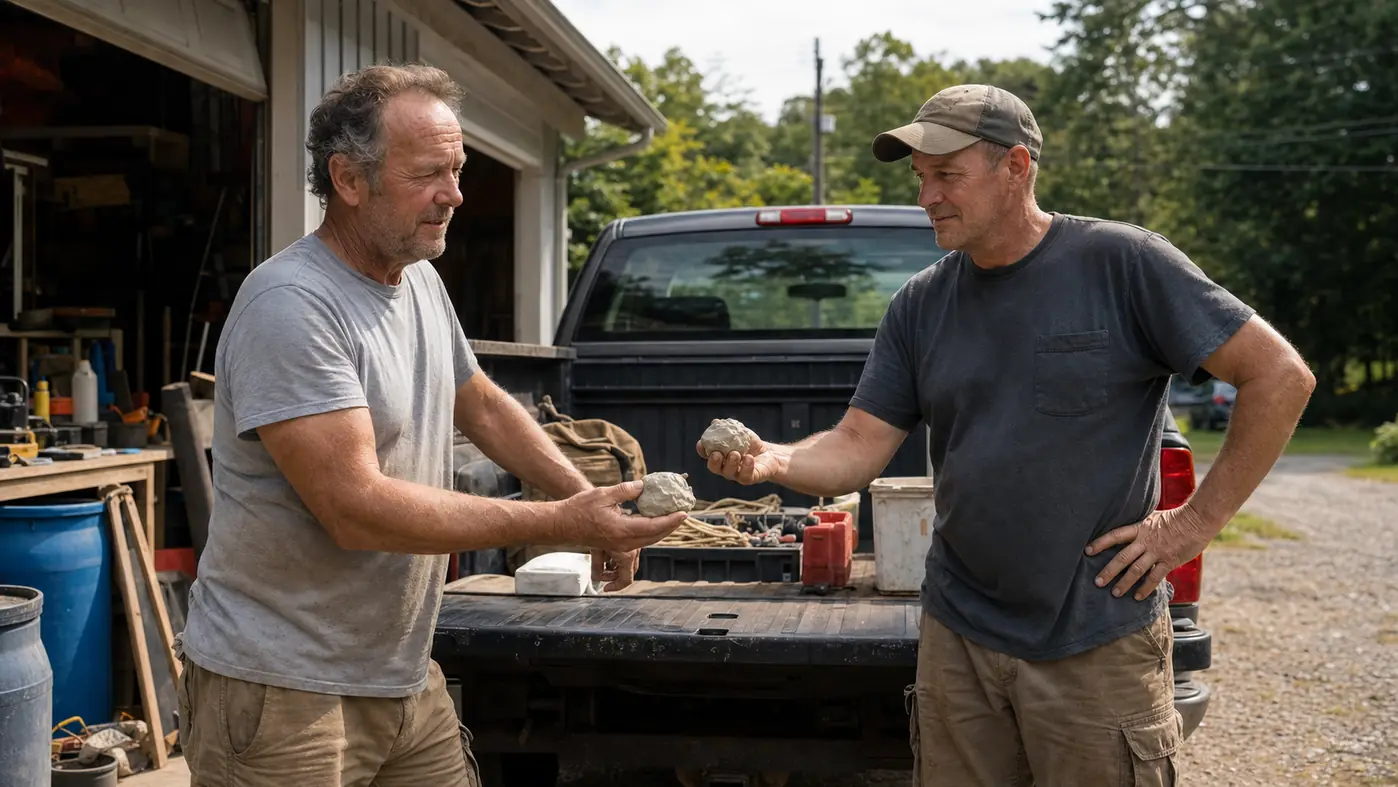 Two men comparing balls of putty side by side on a truck tailgate