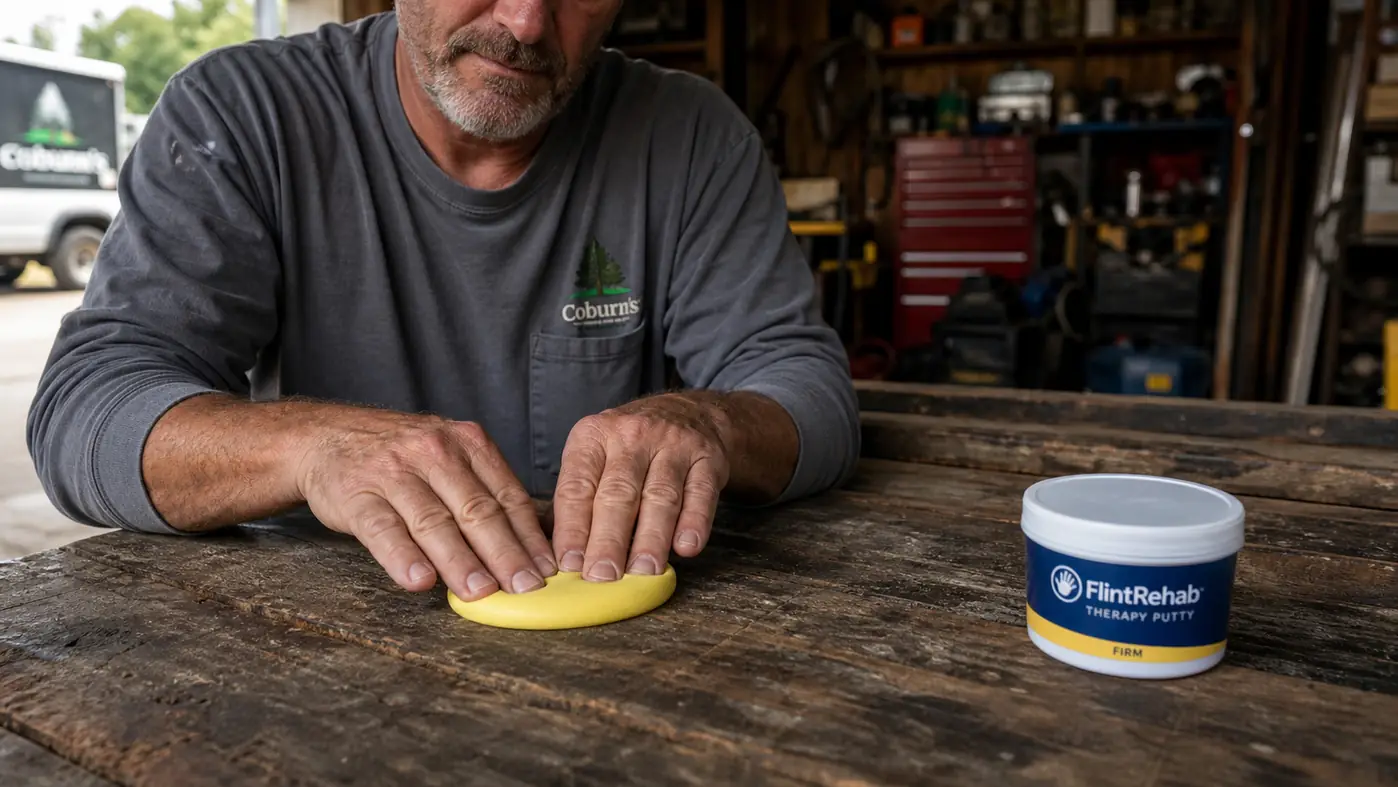 Hand pressing four fingers into a flattened disc of yellow therapy putty on a workbench