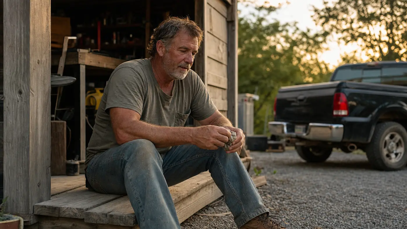 Man sitting on a porch step in work boots, kneading putty after a long day