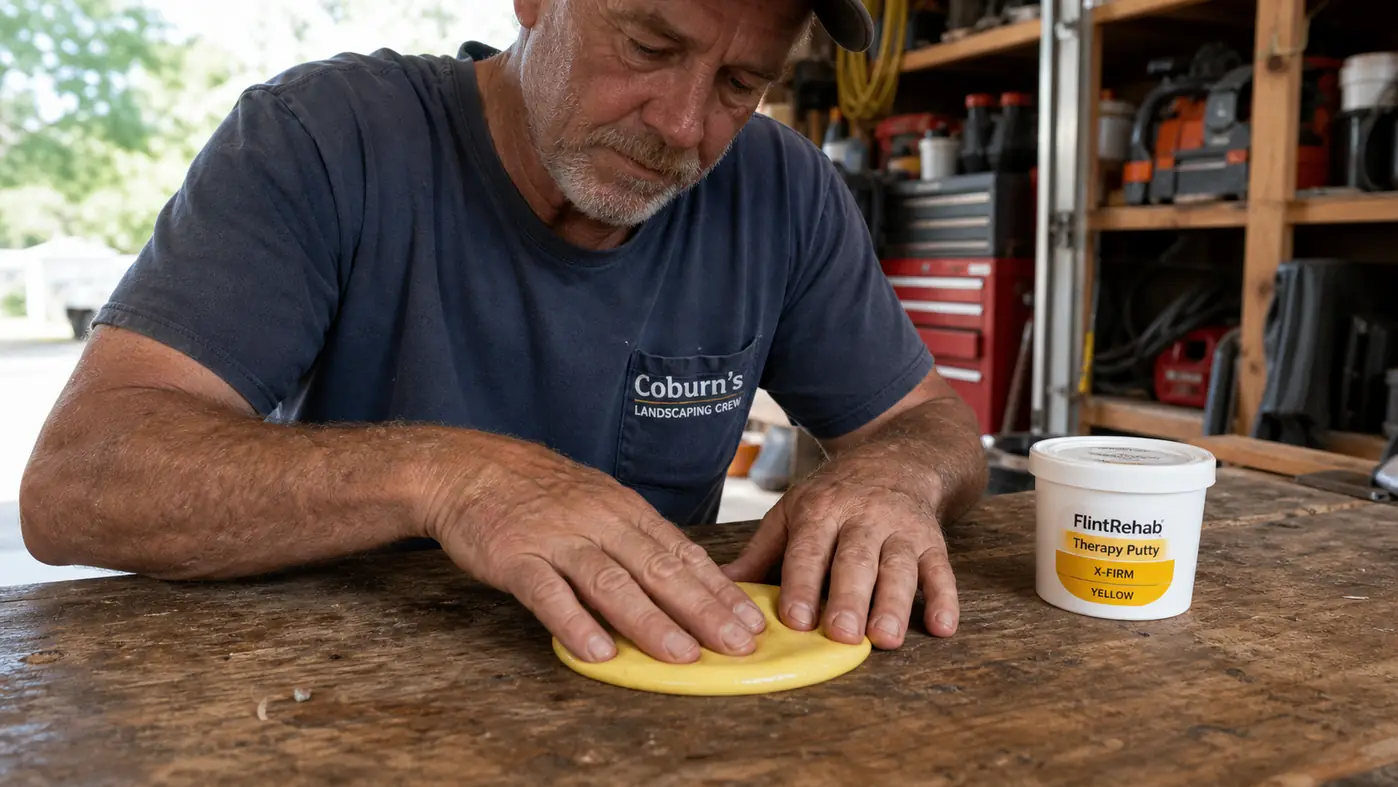 Hand pressing into a flattened disc of yellow therapy putty on a workbench next to a plain rubber hand exerciser