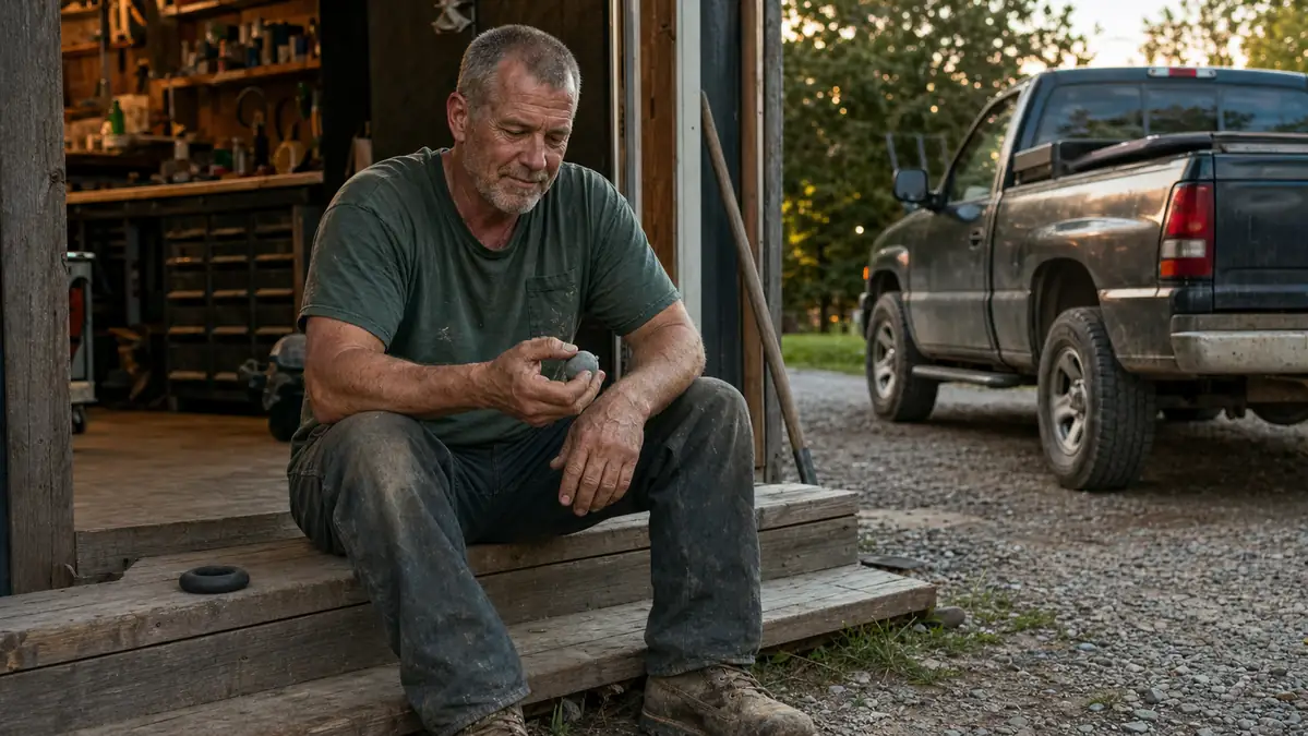 Man in work boots sitting on a porch step at dusk, working a tub of putty in one hand with an unused rubber exerciser beside him