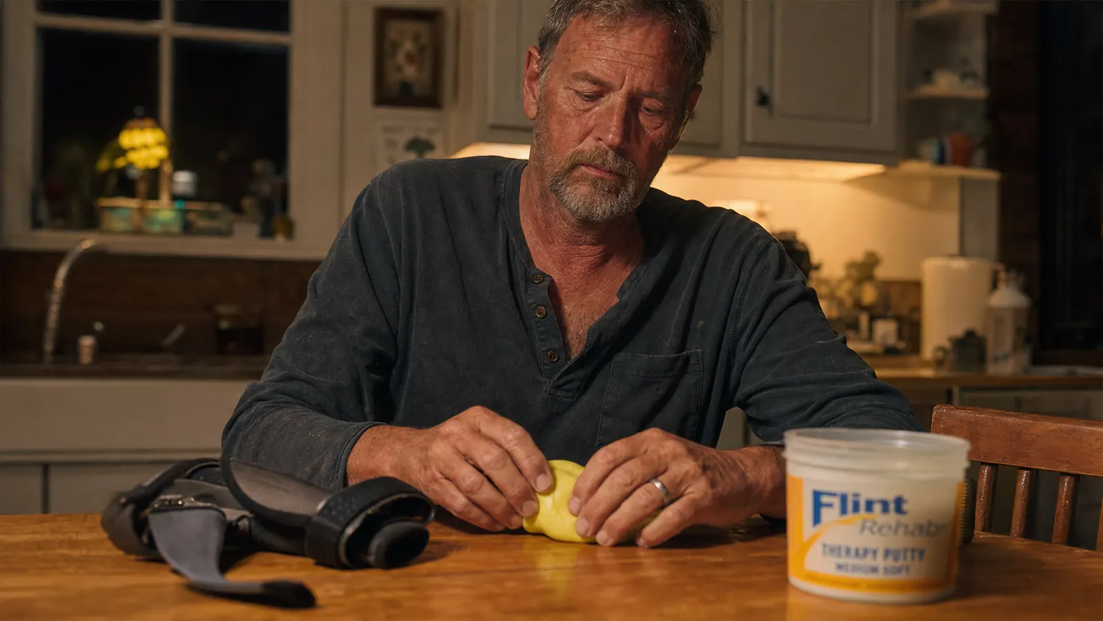 Hand pressing into a ball of yellow therapy putty on a kitchen table with a wrist brace nearby
