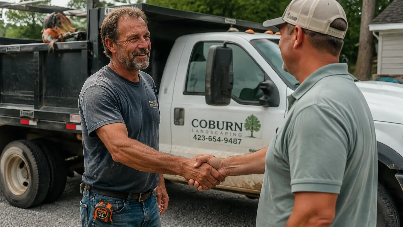 Man shaking hands firmly with a customer in a driveway, work truck parked behind them