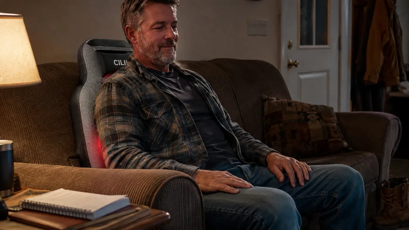 A man in work clothes with his boots off sitting on a couch in the evening with a heated massage cushion behind his lower back and a small notebook on the armrest