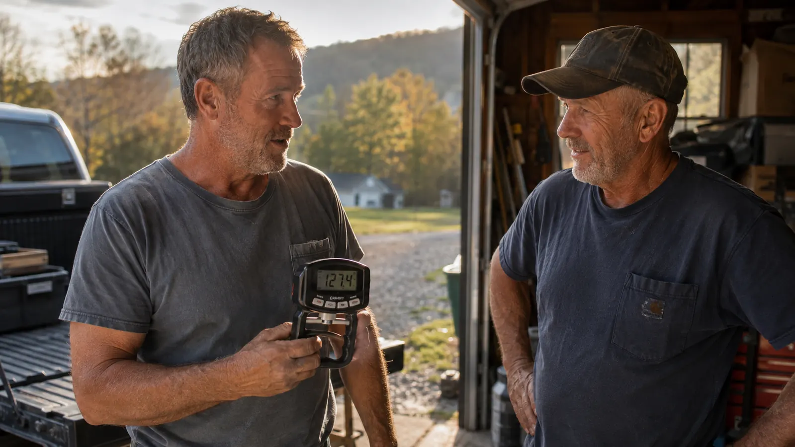 Two men comparing grip strength with a hand dynamometer in a garage
