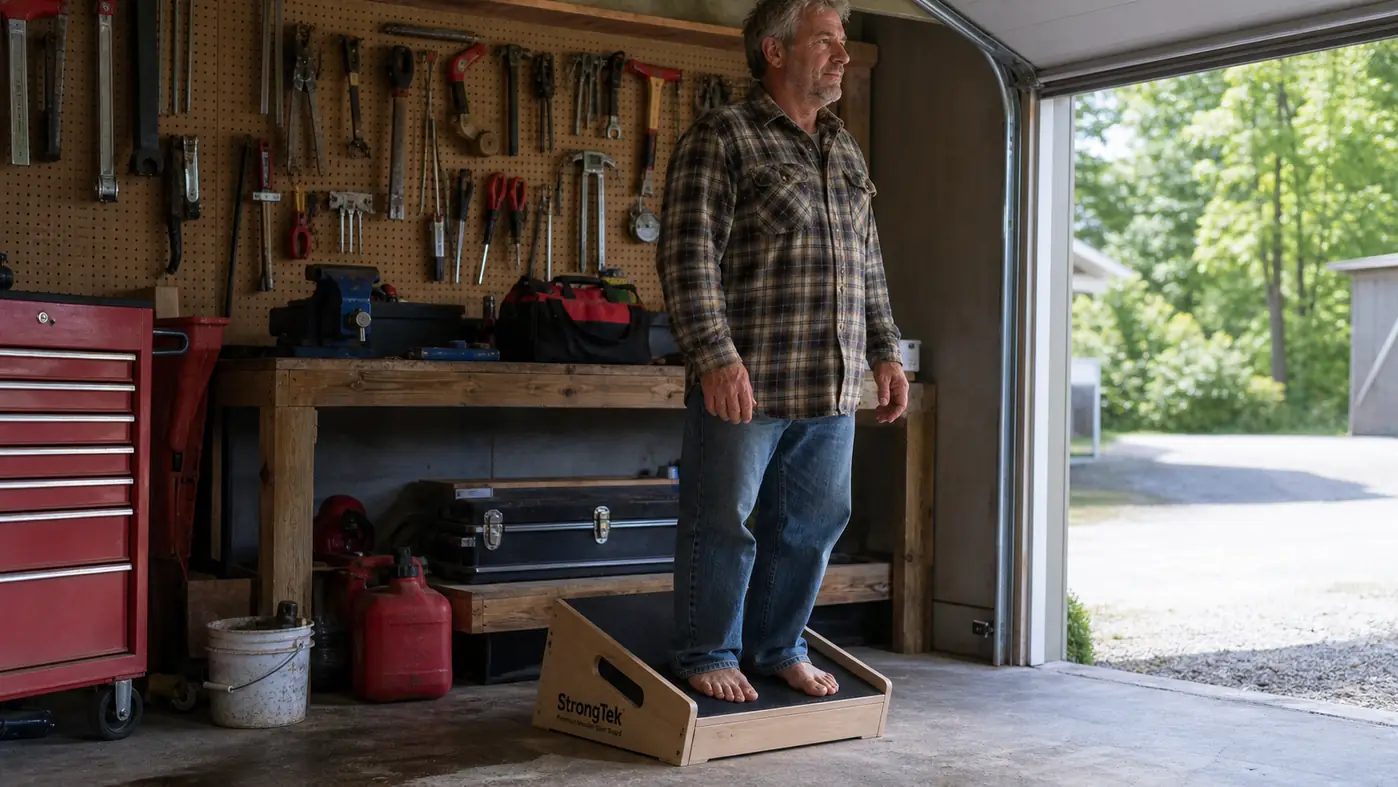 Man in work clothes standing barefoot on a wooden slant board at its lowest angle, gripping the side handles