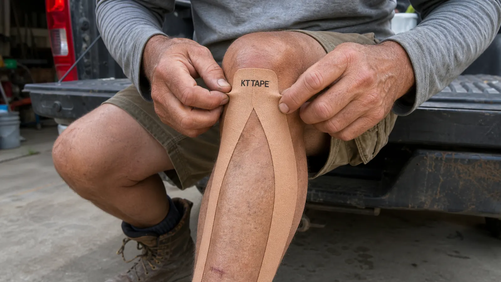 Close-up of hands applying a Y-shaped kinesiology tape strip along the shin with the anchor placed just below the knee