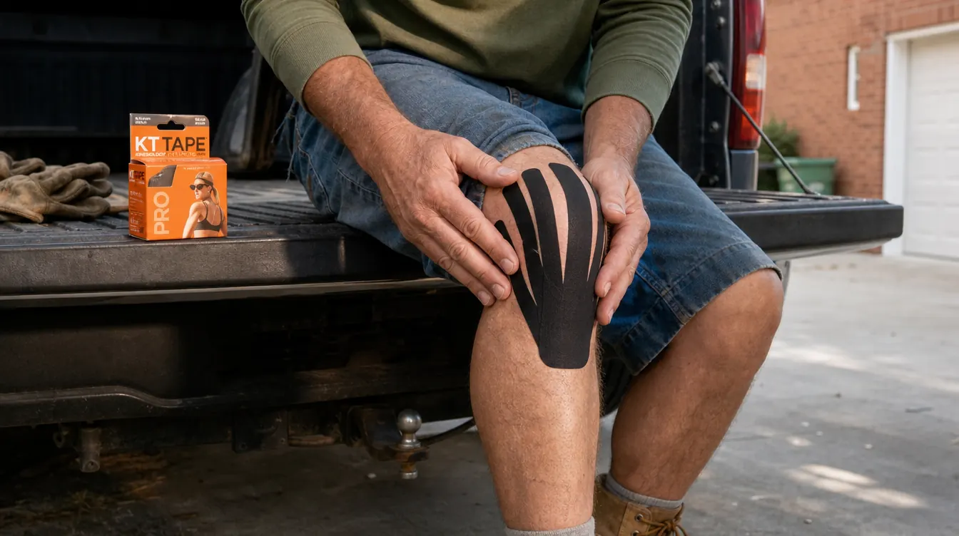 Close-up of a man's hands applying kinesiology tape in a fan pattern around a bent knee while seated on a truck tailgate
