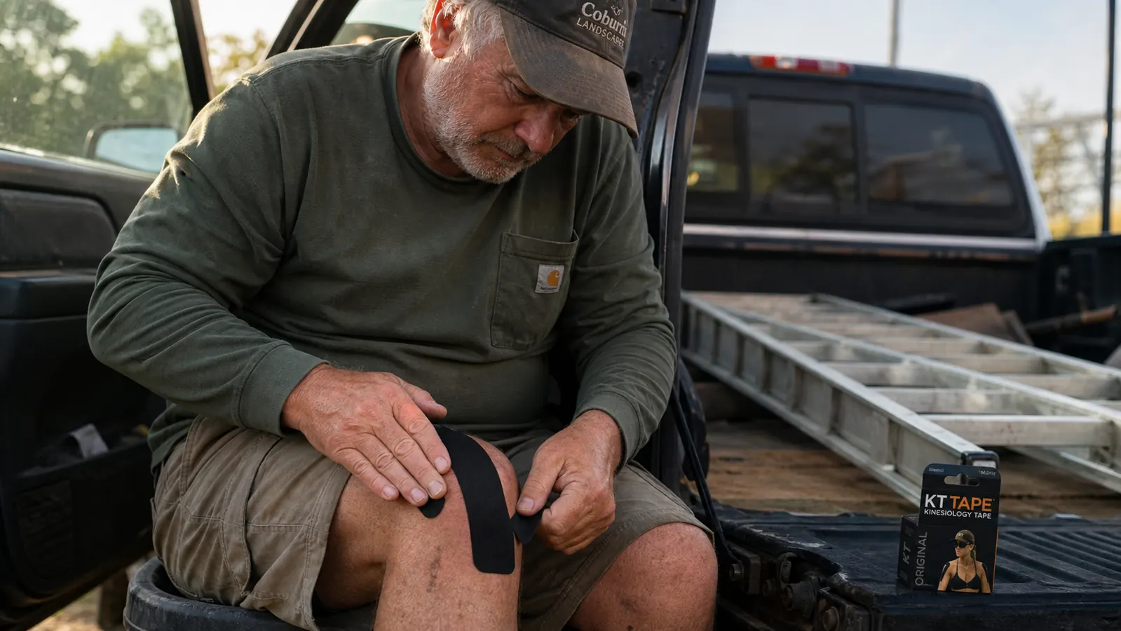 Close-up of hands applying a precut strip of KT Tape above the kneecap before a ladder day