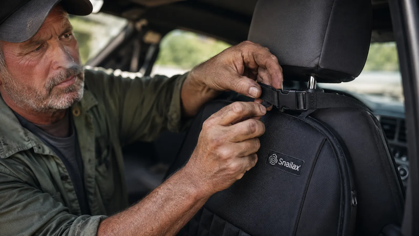 Close-up of a man's hand tightening a strap of the Snailax massage cushion around an angled truck seat headrest, with light fraying visible near the buckle