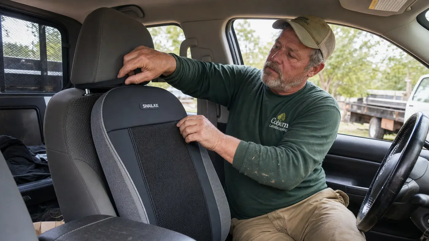 A man's hand adjusting the elastic straps of the Snailax massage cushion behind a truck seat headrest