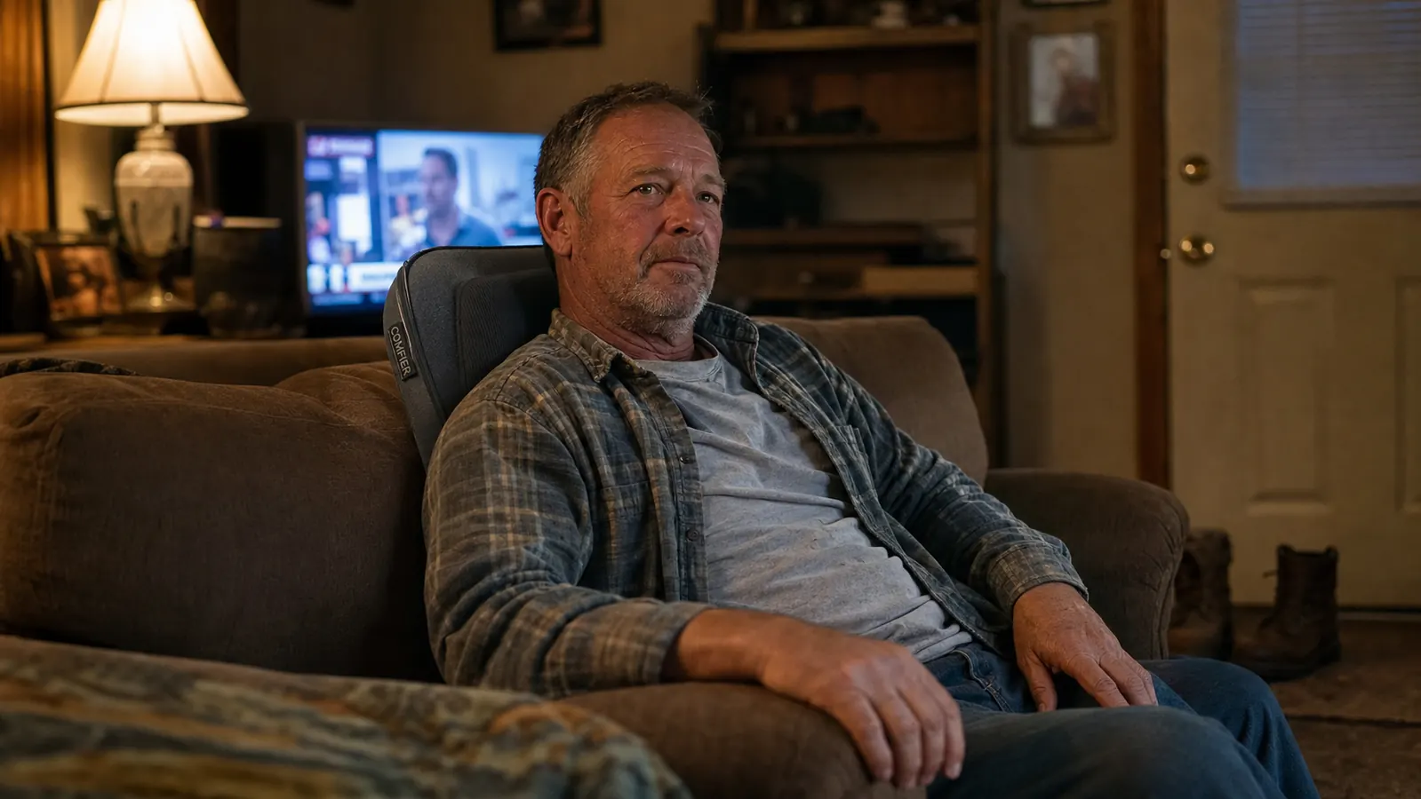 A man in work clothes with his boots off, sitting on a couch in the evening with the massage cushion behind his lower back
