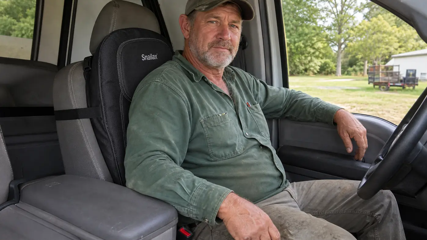 A gray Snailax massage cushion strapped around a truck bucket seat headrest with the cord running down to the 12-volt outlet