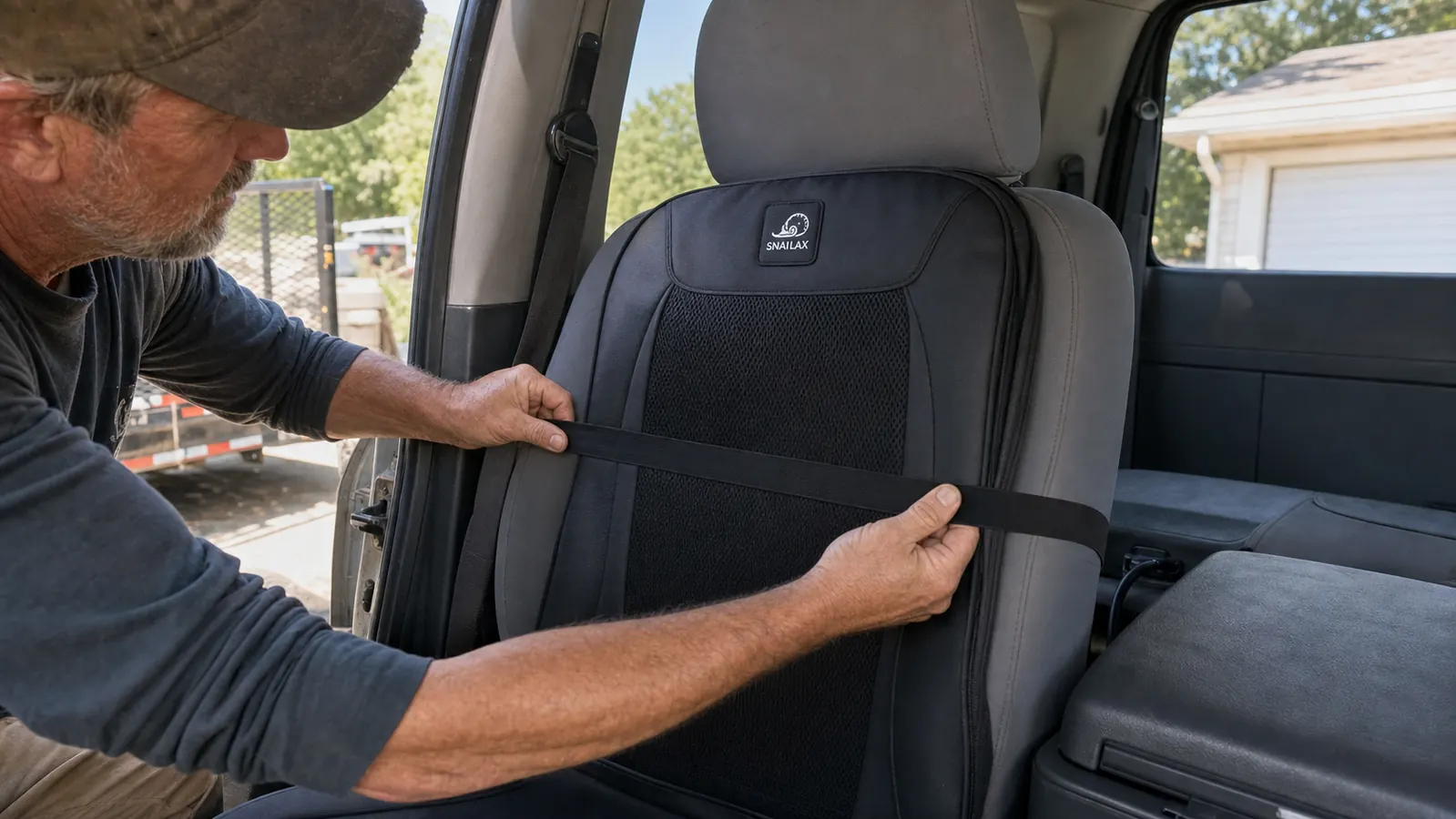 Hands strapping a heated massage seat cushion into a truck's bucket seat before a drive between job sites