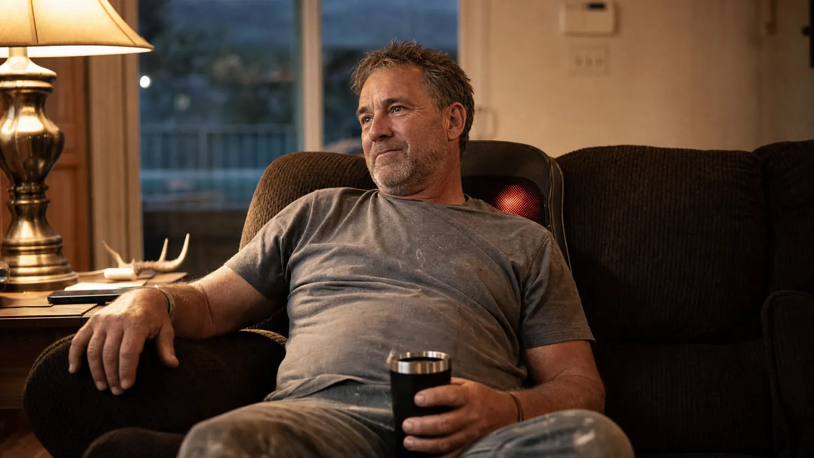A landscaper sitting on his couch in the evening with boots off, resting against a heated massage seat cushion