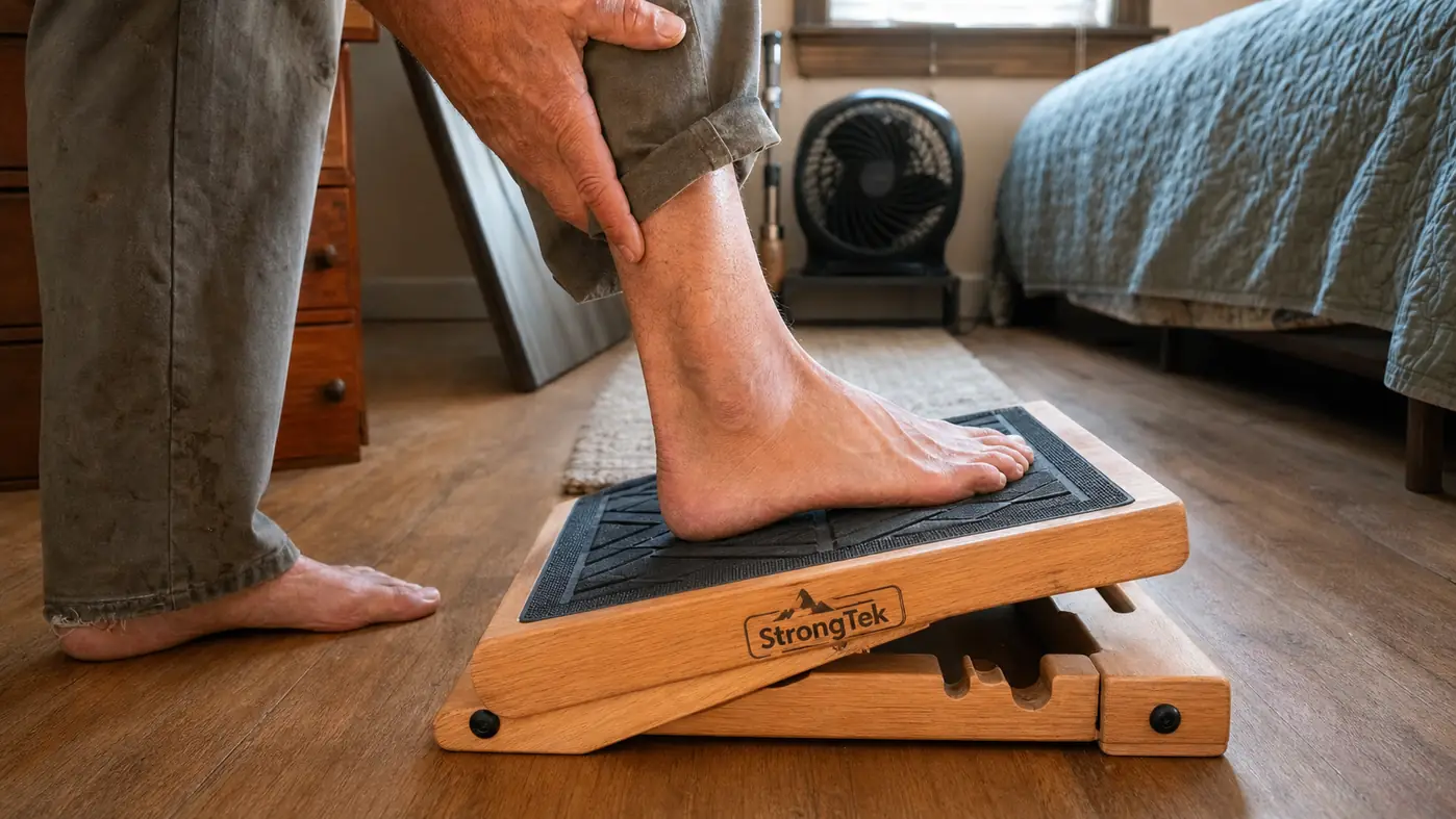 Bare feet positioned on a wooden StrongTek slant board beside a bed, one heel pressed down for a calf stretch