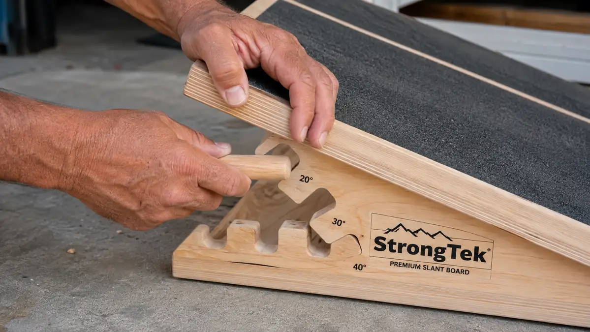 Close-up of hands forcing a stiff wooden adjustment pin into a slant board's angle notch