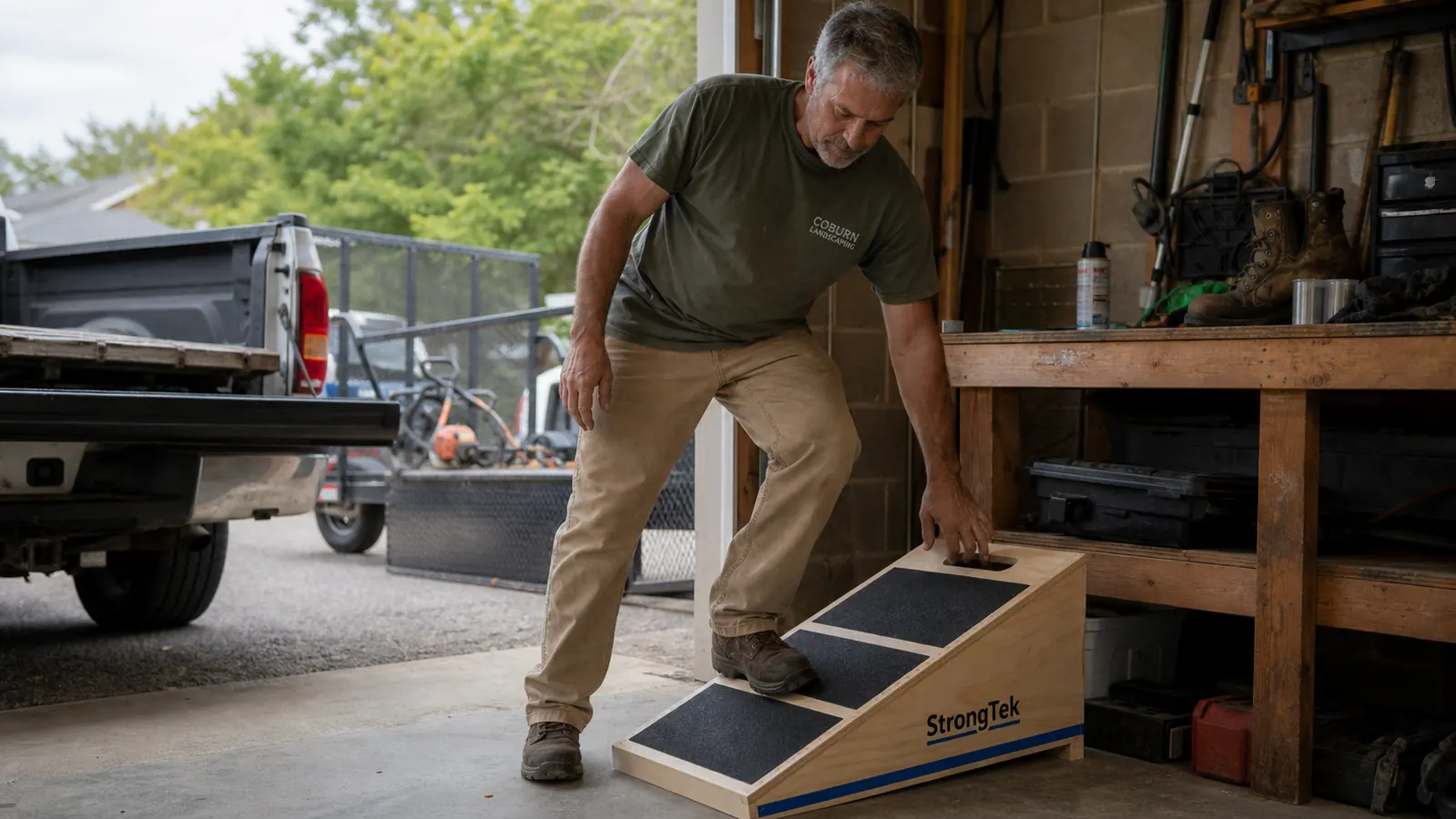 Man in work boots standing awkwardly on a slant board with one hand off the side handle, mid-stumble
