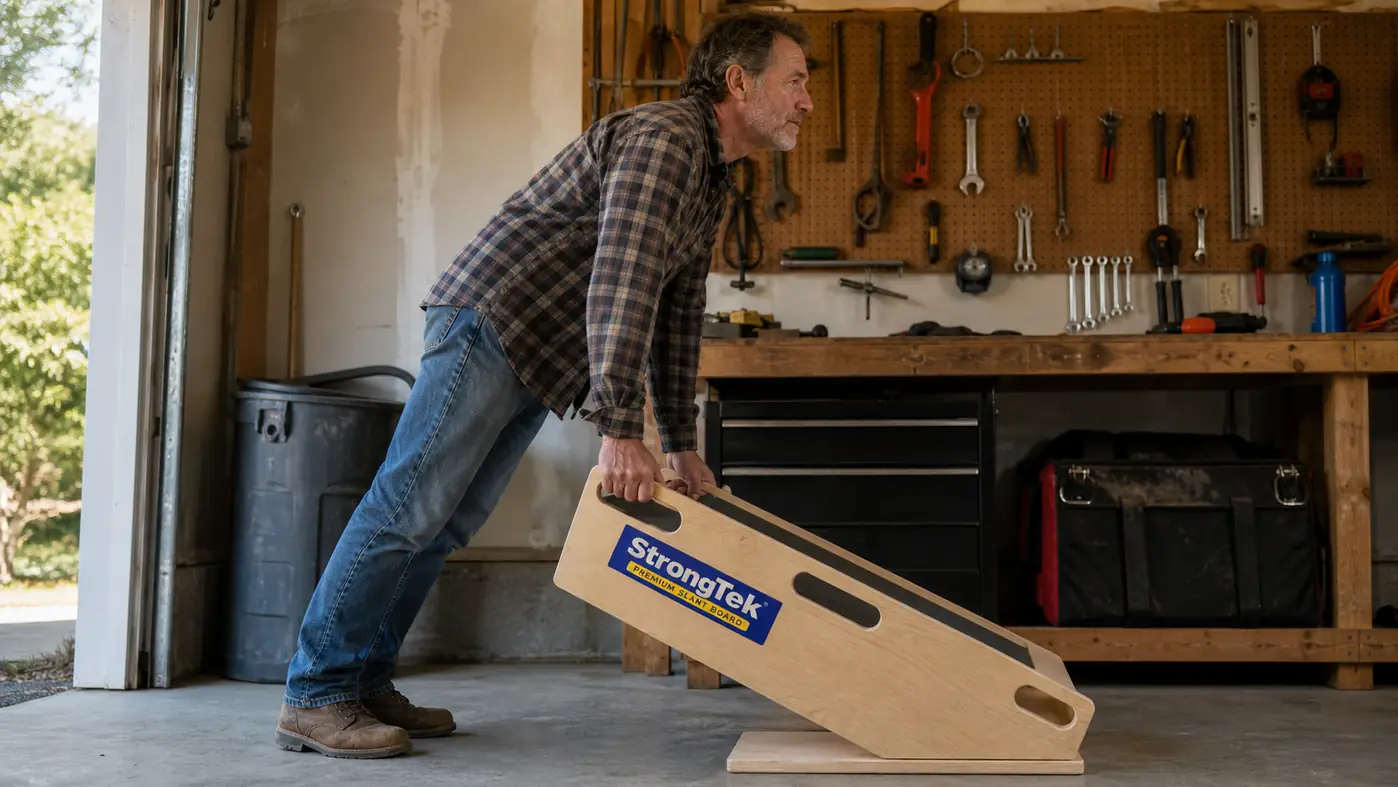 Man in work clothes standing on a wooden slant board with hands on the side handles, stretching his calf