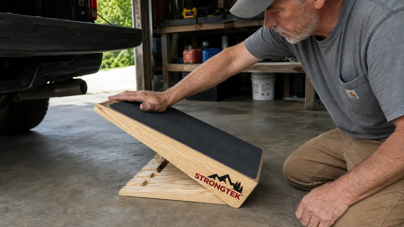 Hand pressing down on the top corner of a wooden slant board to test for flex at the steepest angle