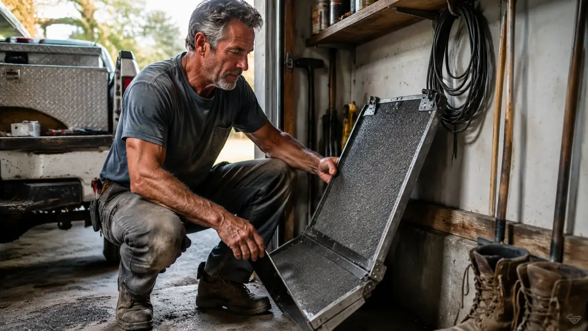 A gray steel incline board partway through folding flat against a garage wall